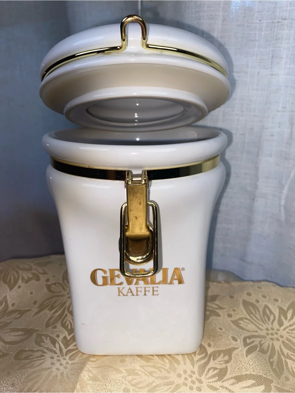 Gevalia Kaffe White and Gold Coffee Storage Canister